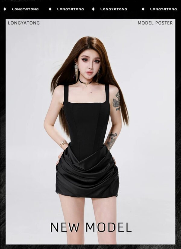 16099#Black Satin Ruched Slip Mini Dress