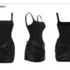 16099#Black Satin Ruched Slip Mini Dress