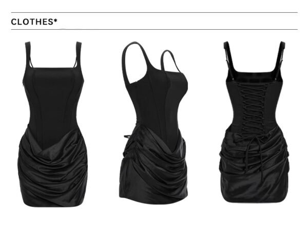 16099#Black Satin Ruched Slip Mini Dress