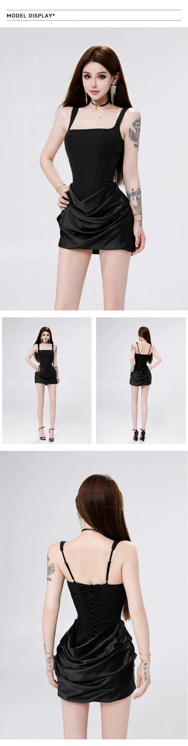 16099#Black Satin Ruched Slip Mini Dress