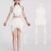 16100#White Fringed Halter Two-Piece Mini Dress