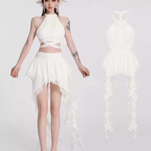 16100#White Fringed Halter Two-Piece Mini Dress