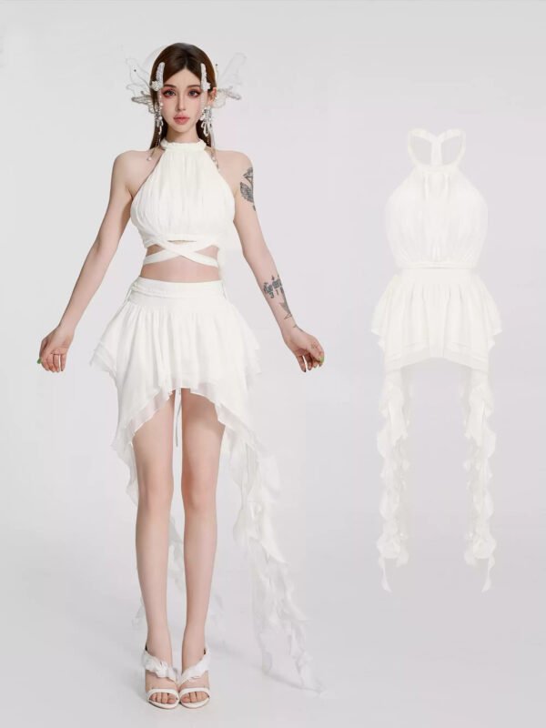 16100#White Fringed Halter Two-Piece Mini Dress