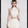 16100#White Fringed Halter Two-Piece Mini Dress