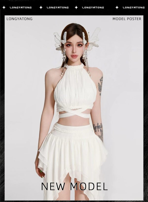 16100#White Fringed Halter Two-Piece Mini Dress