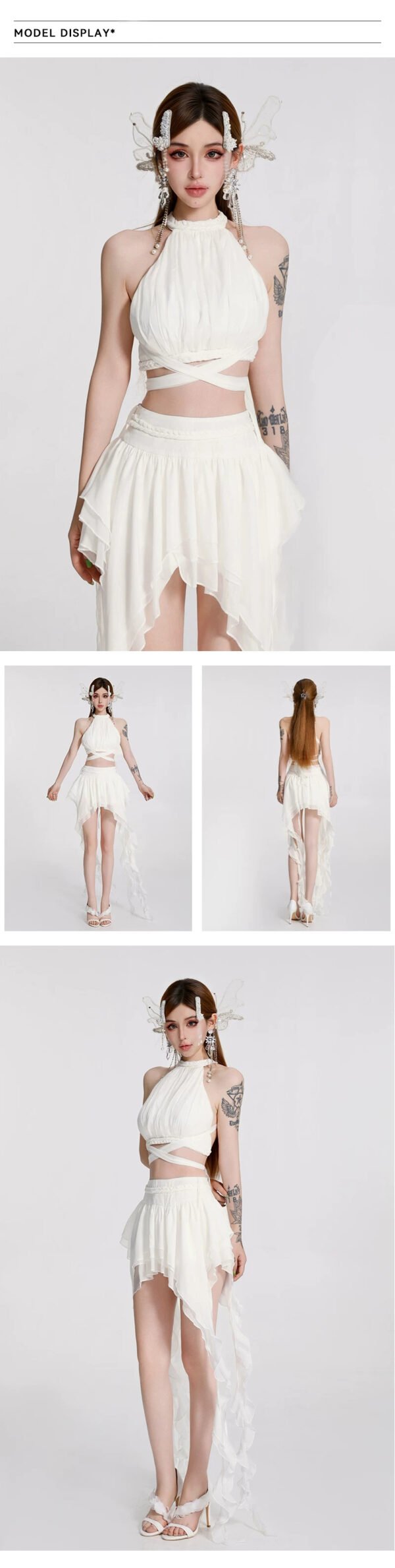 16100#White Fringed Halter Two-Piece Mini Dress
