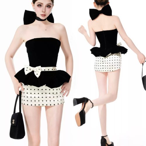 160101#Black Strapless Corset Top & White Ruffled Mini Skirt Set