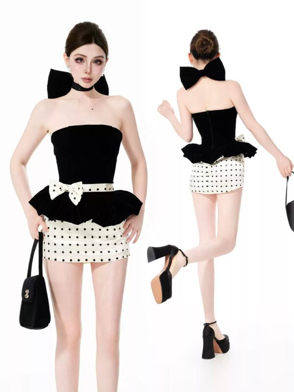 160101#Black Strapless Corset Top & White Ruffled Mini Skirt Set