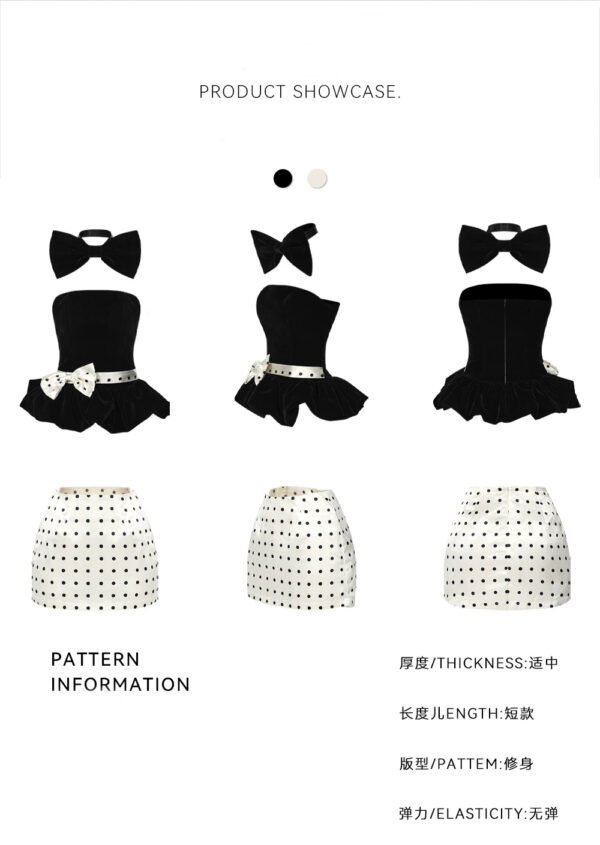 160101#Black Strapless Corset Top & White Ruffled Mini Skirt Set
