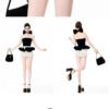160101#Black Strapless Corset Top & White Ruffled Mini Skirt Set