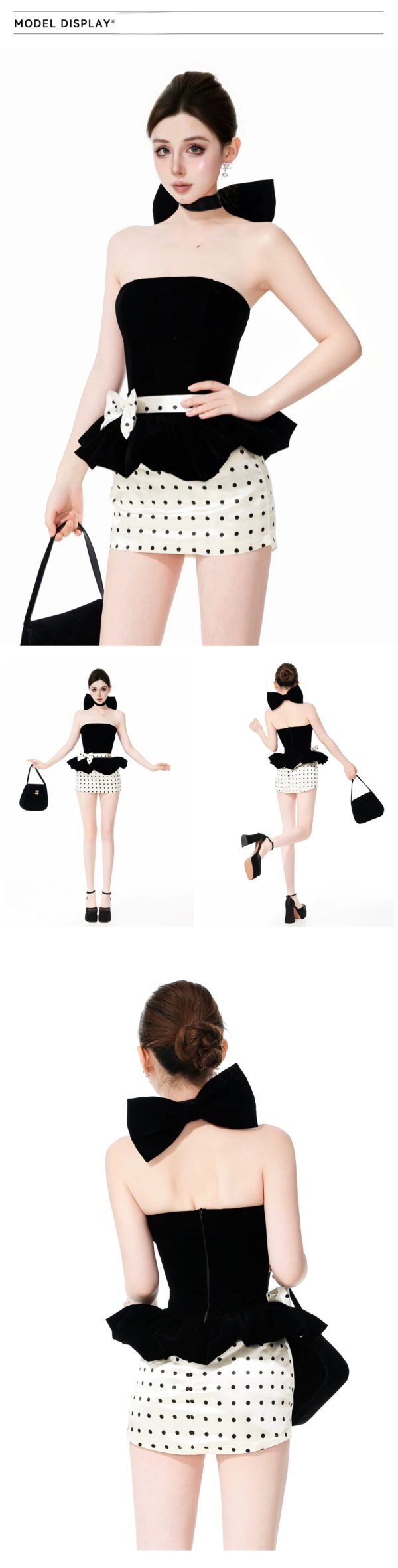 160101#Black Strapless Corset Top & White Ruffled Mini Skirt Set