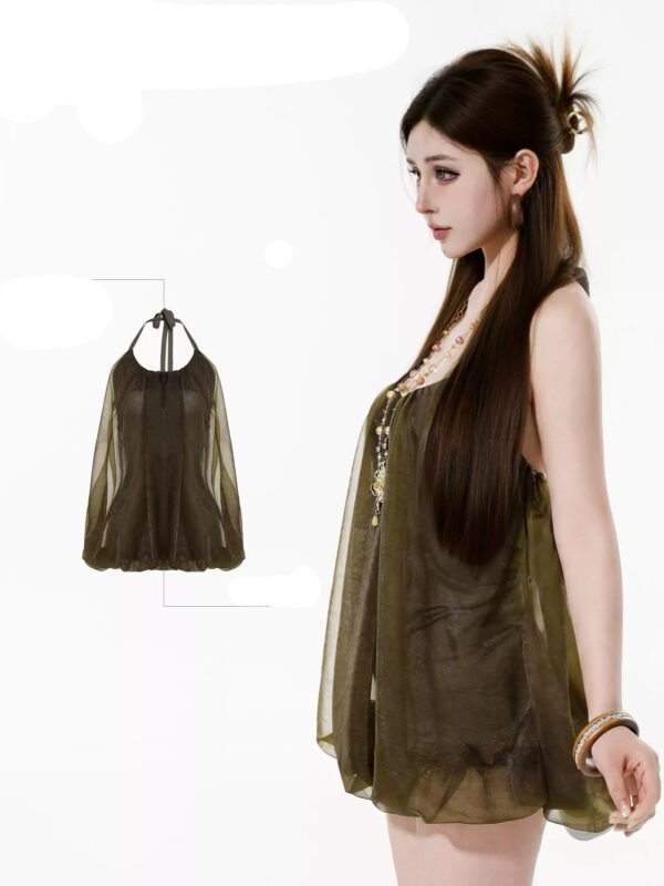 160102#Olive Green Halter Neck Flowy Mini Dress