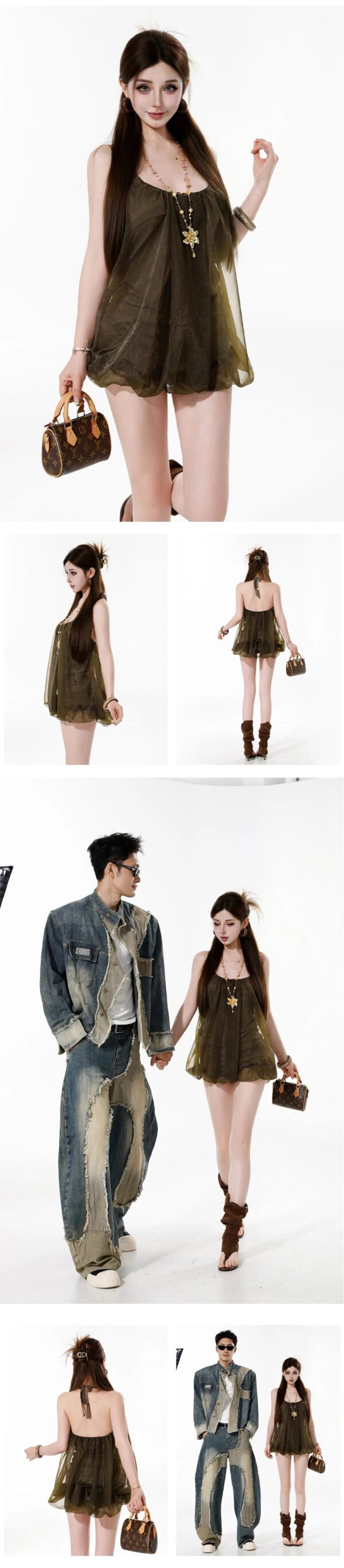 160102#Olive Green Halter Neck Flowy Mini Dress