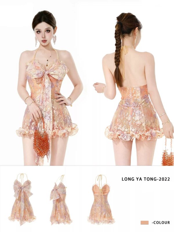 160103#Peach Floral Lace-Up Halter Mini Dress