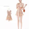 160103#Peach Floral Lace-Up Halter Mini Dress