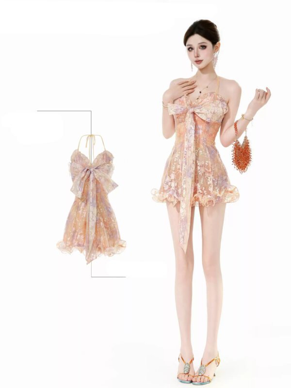 160103#Peach Floral Lace-Up Halter Mini Dress