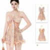 160103#Peach Floral Lace-Up Halter Mini Dress
