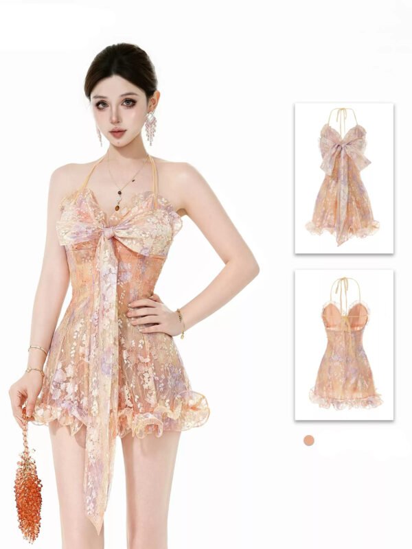 160103#Peach Floral Lace-Up Halter Mini Dress