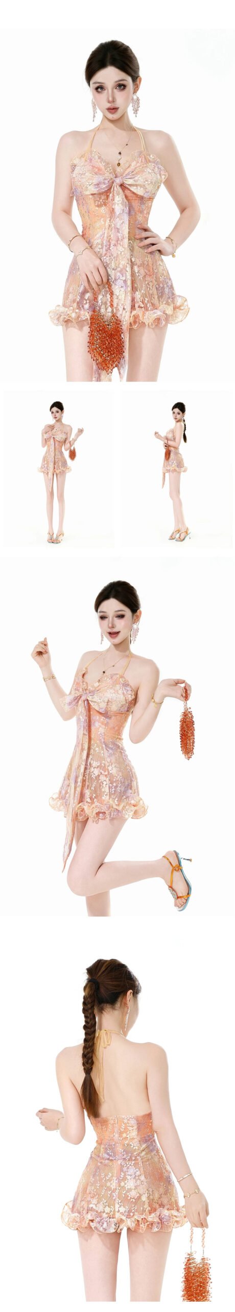 160103#Peach Floral Lace-Up Halter Mini Dress