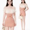 160104#Blush Pink Off-Shoulder Two-Piece Mini Dress Set