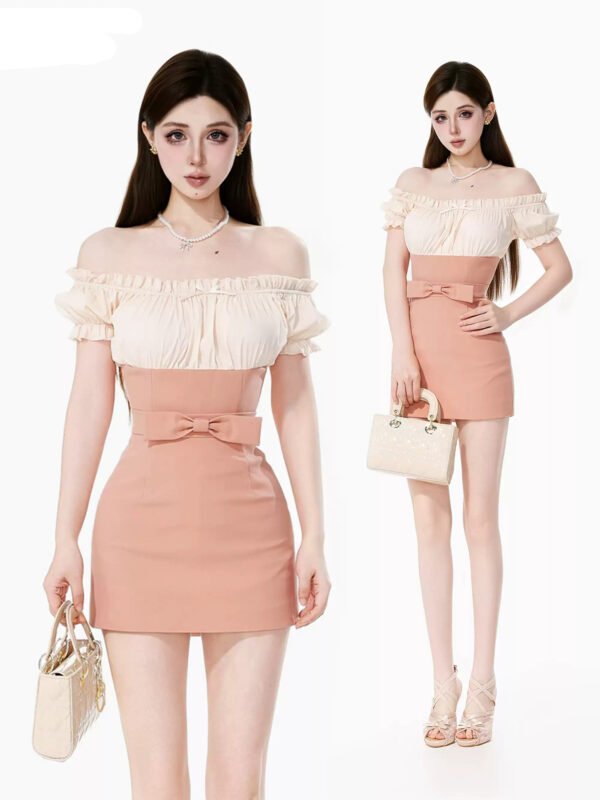 160104#Blush Pink Off-Shoulder Two-Piece Mini Dress Set