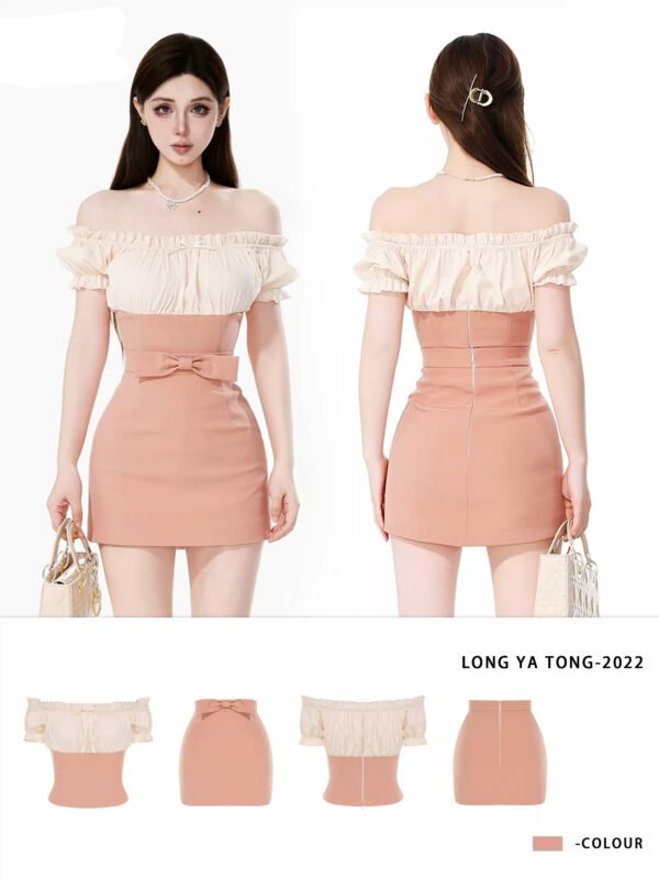 160104#Blush Pink Off-Shoulder Two-Piece Mini Dress Set