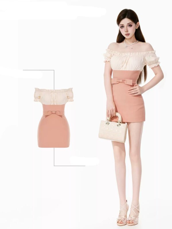 160104#Blush Pink Off-Shoulder Two-Piece Mini Dress Set
