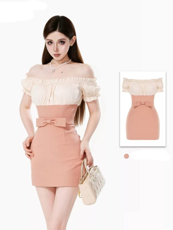 160104#Blush Pink Off-Shoulder Two-Piece Mini Dress Set