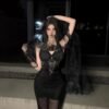 160105#Black Halter Mesh Panel Bodycon Mini Dress