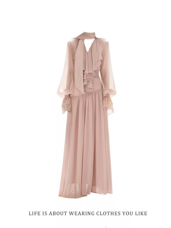 160106#Blush Pink Chiffon V-Neck Long Sleeve Maxi Dress