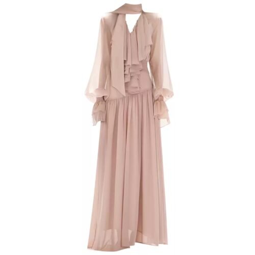 160106#Blush Pink Chiffon V-Neck Long Sleeve Maxi Dress