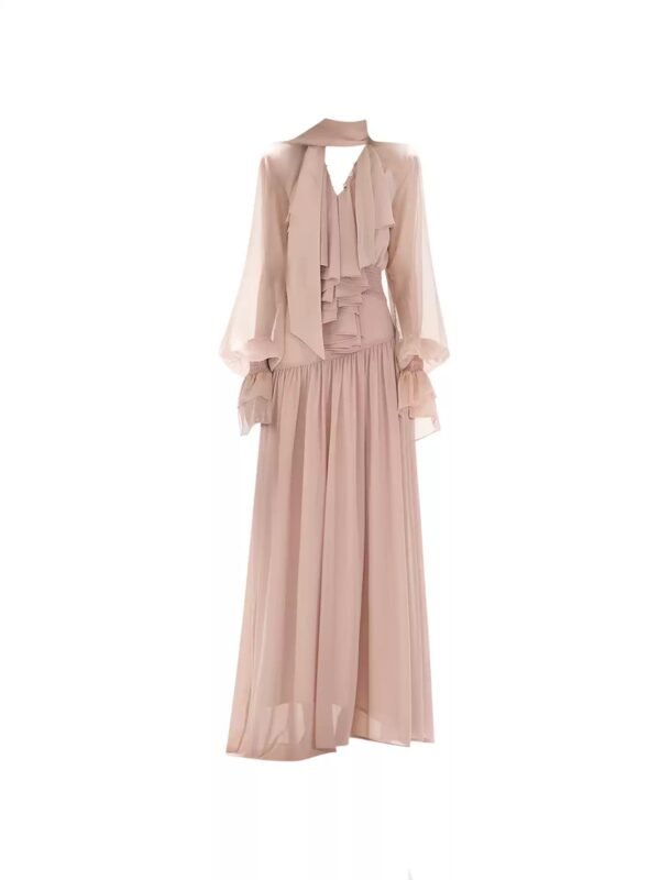 160106#Blush Pink Chiffon V-Neck Long Sleeve Maxi Dress