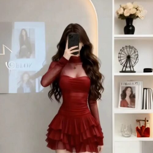 160107#Red / Black Lace Mesh Long Sleeve Ruffled Mini Dress
