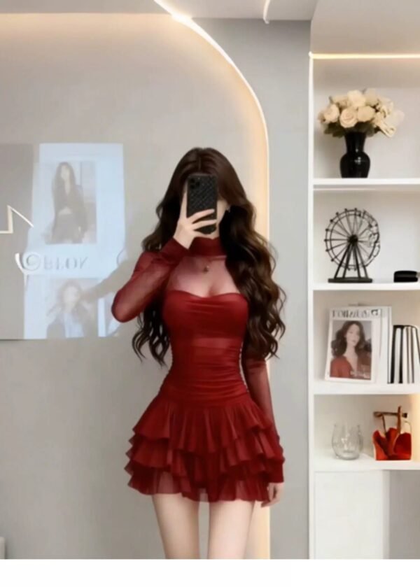 160107#Red / Black Lace Mesh Long Sleeve Ruffled Mini Dress
