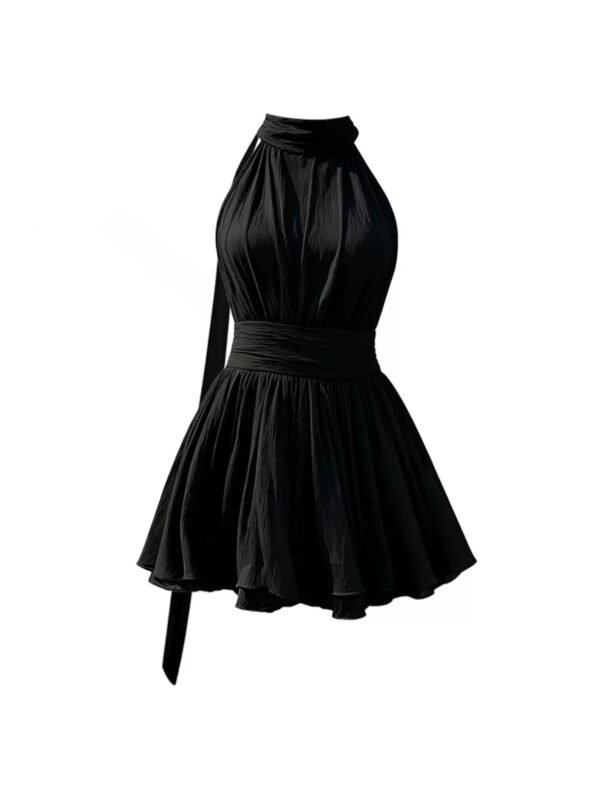 16109#Halter Neck Ruffled Mini Dress — White / Black