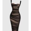16110#Dark Brown Strapless Mesh Panel Ruched Bodycon Mini Dress