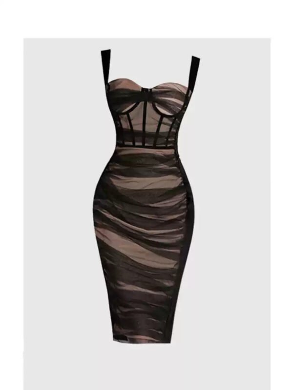 16110#Dark Brown Strapless Mesh Panel Ruched Bodycon Mini Dress