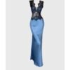160111#Blue Satin Cowl-Neck Sleeveless Midi Dress