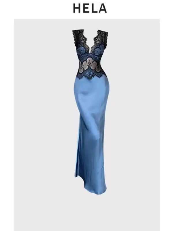 160111#Blue Satin Cowl-Neck Sleeveless Midi Dress