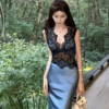 160111#Blue Satin Cowl-Neck Sleeveless Midi Dress
