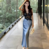160111#Blue Satin Cowl-Neck Sleeveless Midi Dress