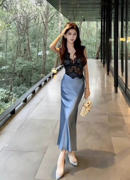 160111#Blue Satin Cowl-Neck Sleeveless Midi Dress