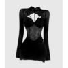 160112#Black Long-Sleeve Mesh Cutout Bodycon Mini Dress