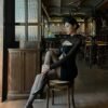 160112#Black Long-Sleeve Mesh Cutout Bodycon Mini Dress