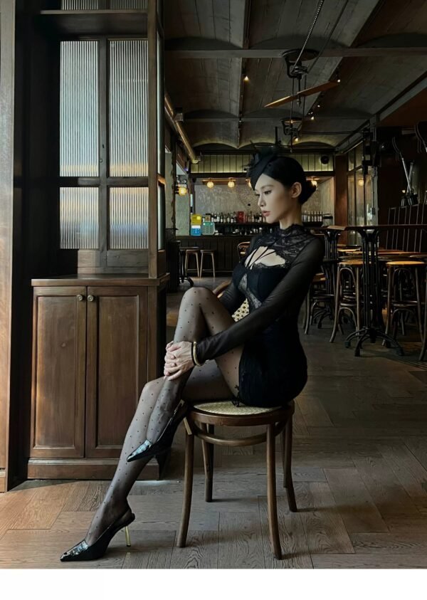 160112#Black Long-Sleeve Mesh Cutout Bodycon Mini Dress