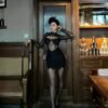 160112#Black Long-Sleeve Mesh Cutout Bodycon Mini Dress