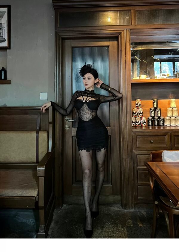 160112#Black Long-Sleeve Mesh Cutout Bodycon Mini Dress