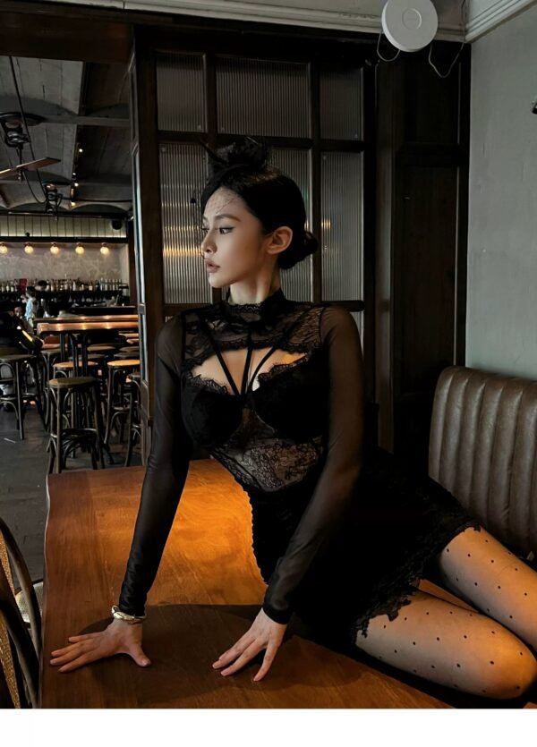 160112#Black Long-Sleeve Mesh Cutout Bodycon Mini Dress