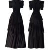 160113#Black Strapless Ruffled Tiered Maxi Dress