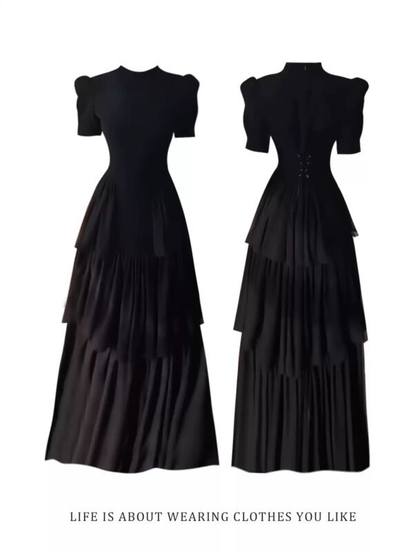 160113#Black Strapless Ruffled Tiered Maxi Dress